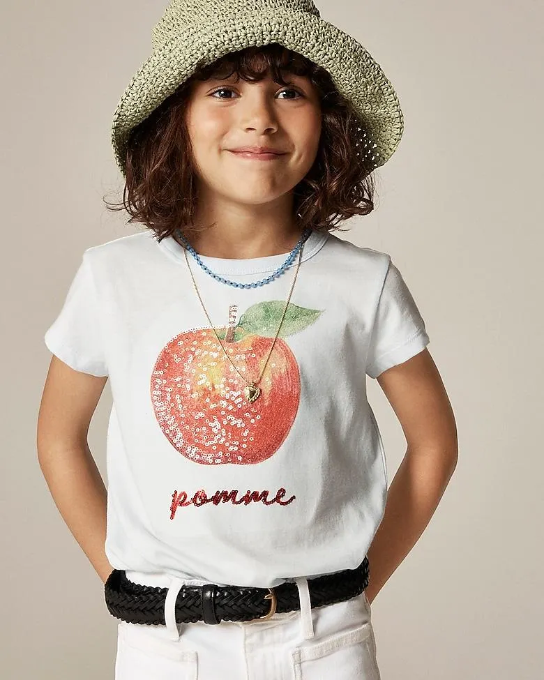 Girls' short-sleeve apple graphic T-shirt with sequins