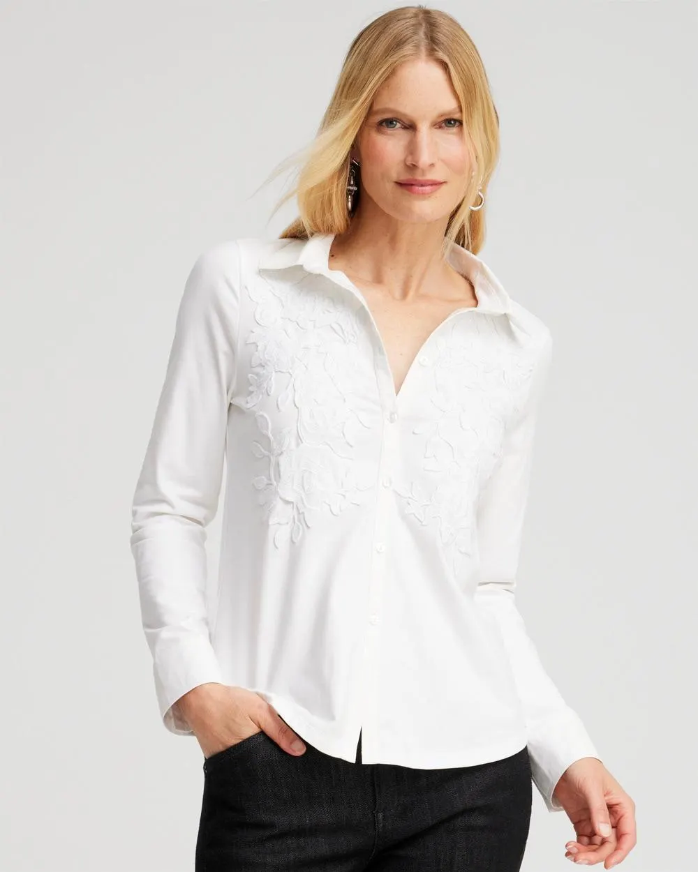 Knit Woven Lace Applique Shirt