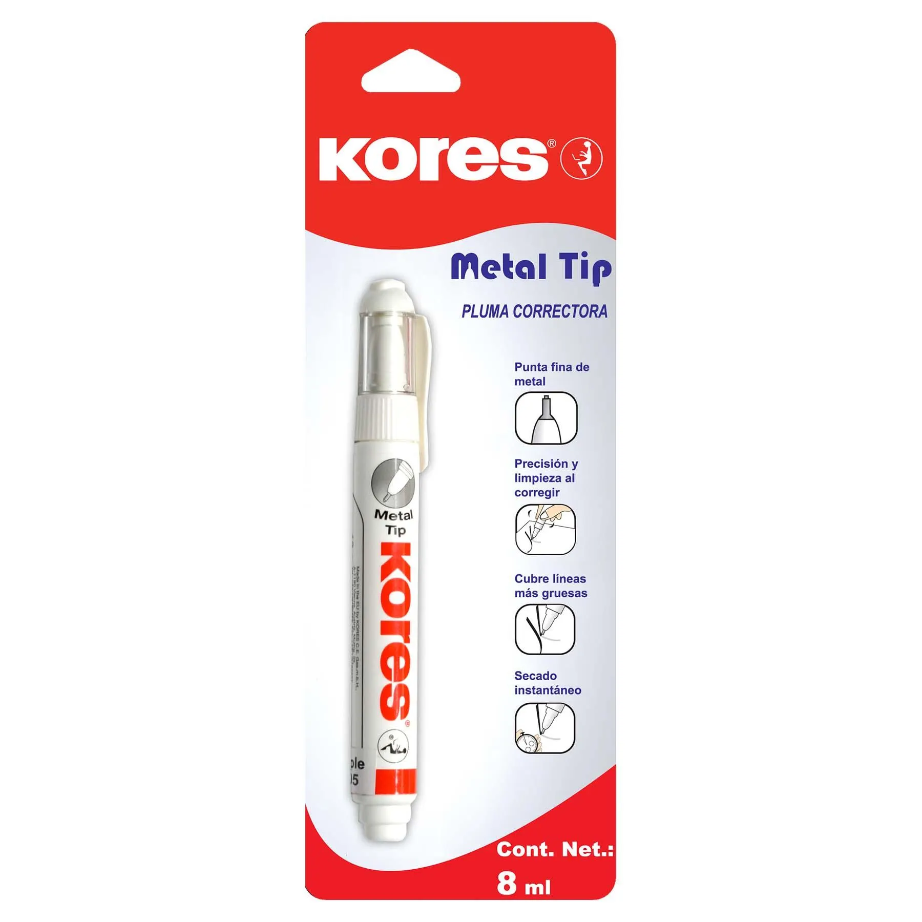 Corrector Líquido Pluma Kores Metal Tip 8 ml. Bl/1