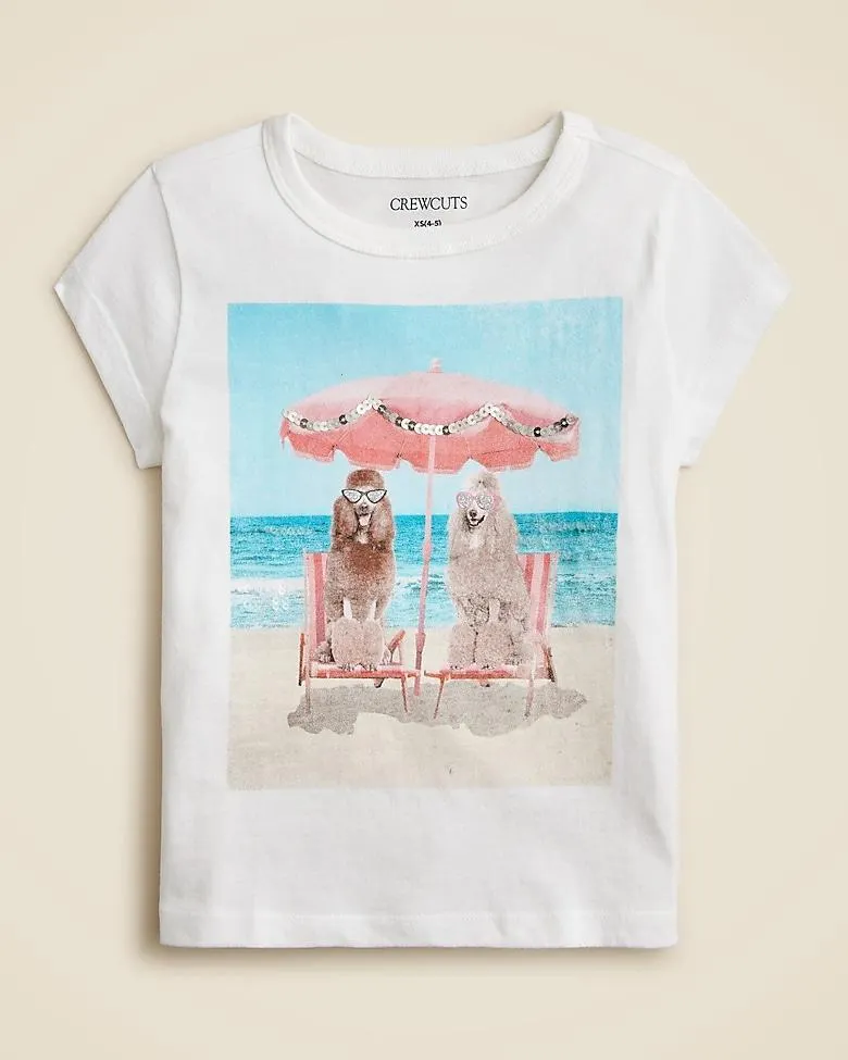 Girls' short-sleeve beach dogs graphic T-shirt with sequins