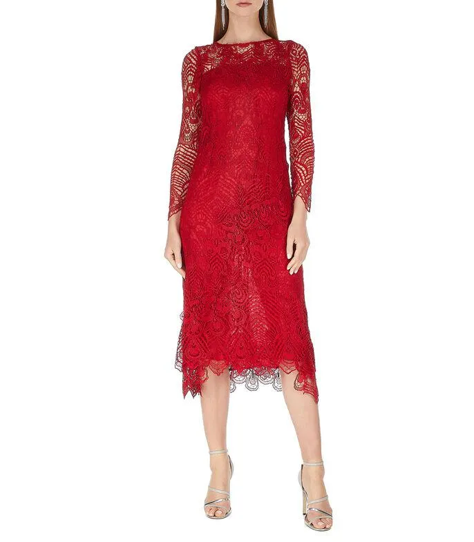 Vestido midi con manga larga calado Mujer