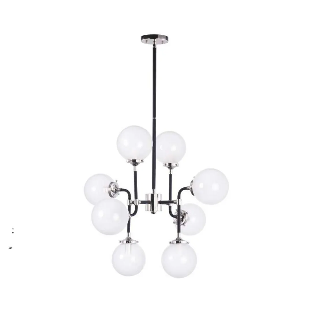 Lámpara Colgante de Vidrio Opalino Blanco con Metal negro y niquel Pulido 8 luces