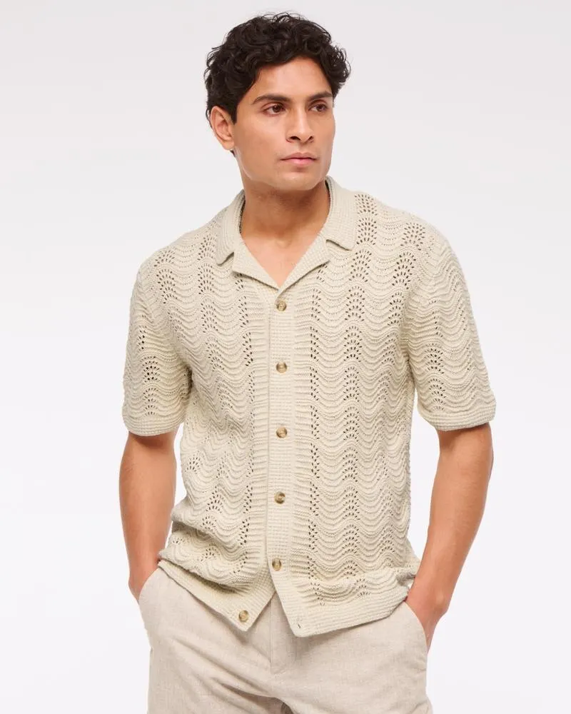 Wavy Crochet-Style Button-Through Sweater Polo