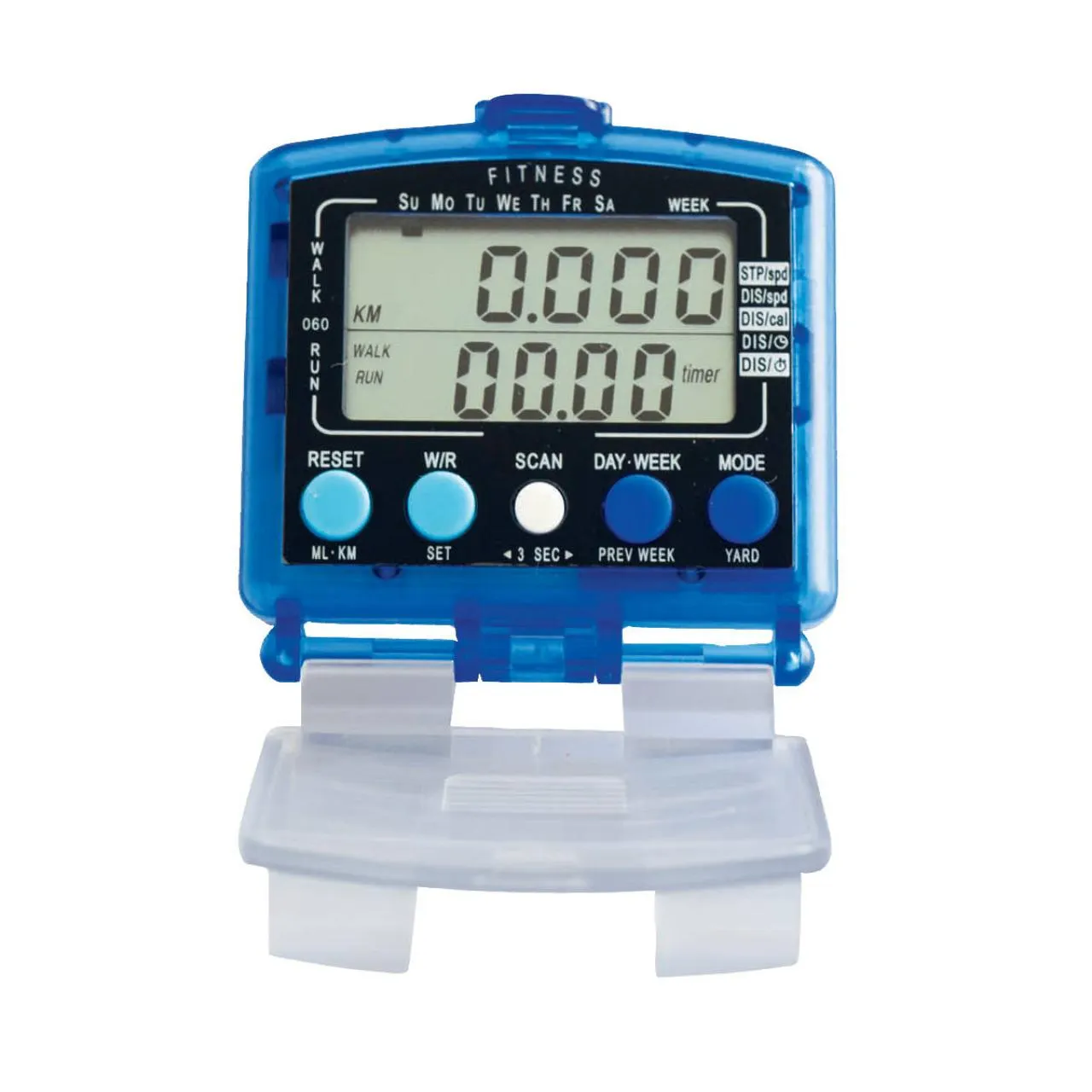 Podómetro fitness, tapa y clip para cintura, 10 funciones, azul traslúcido