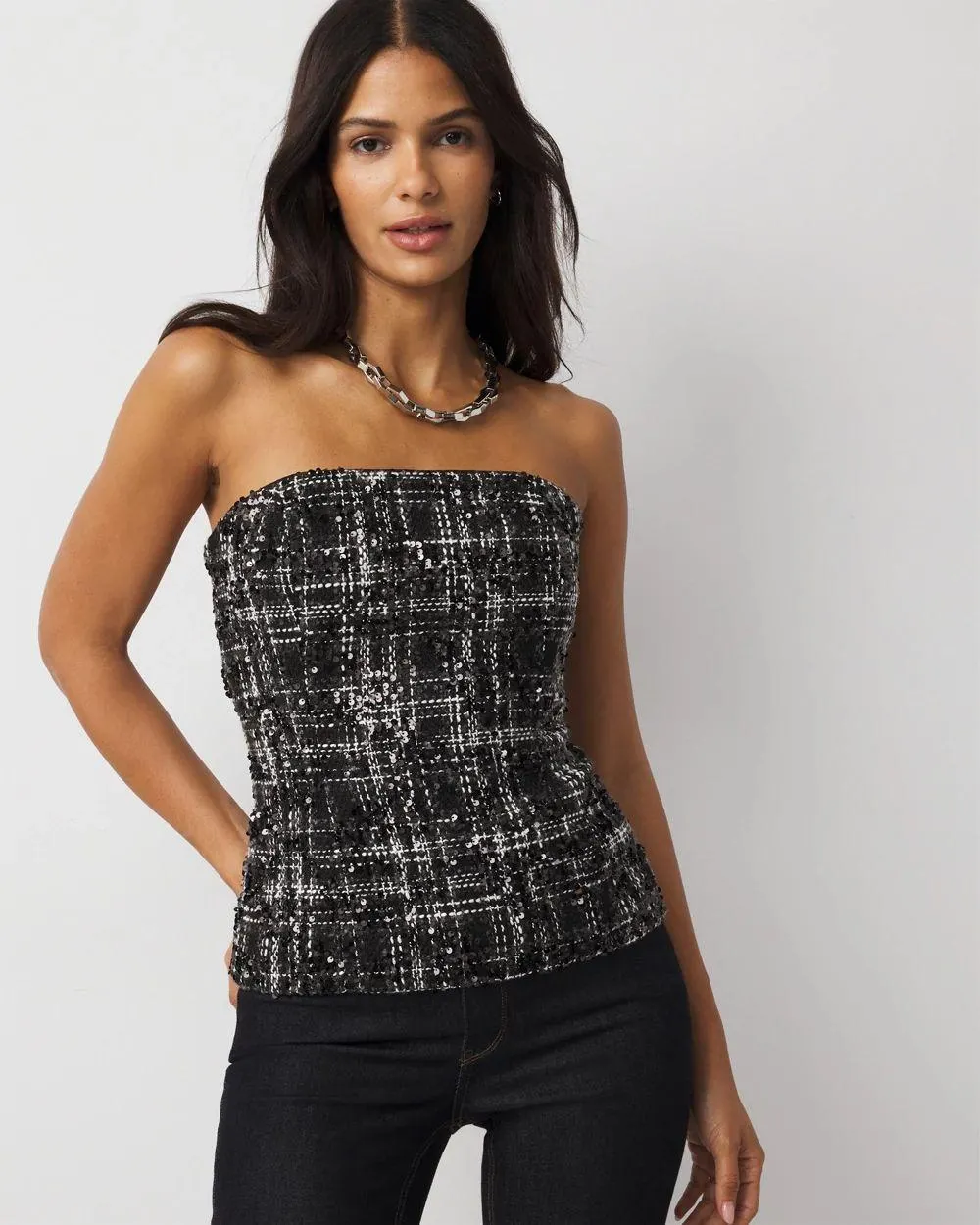 Sequin Plaid Tweed Bustier