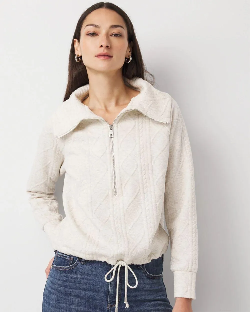 Funnel Neck Cable Knit Pullover
