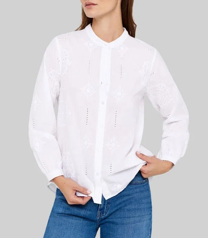Camisa con bordados cuello mao manga larga Mujer
