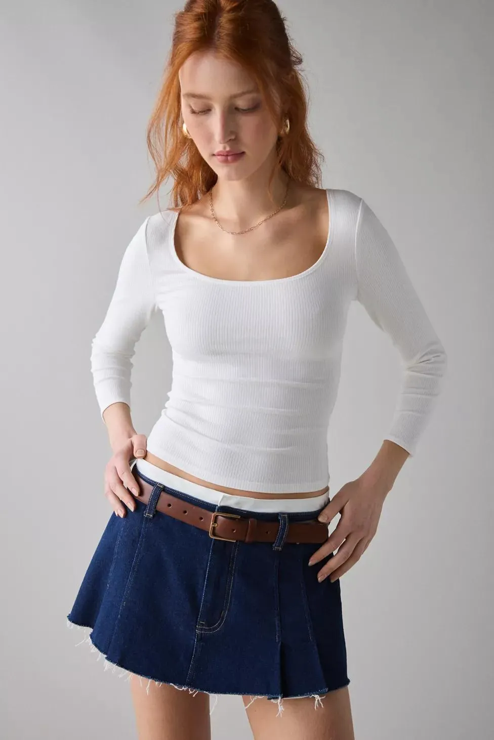 BDG Andie 3/4 Sleeve Square Neck Cropped Tee