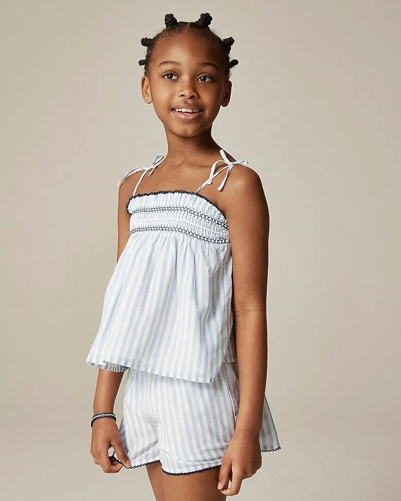 Girls' tie-shoulder smocked tank top in cotton voile stripe