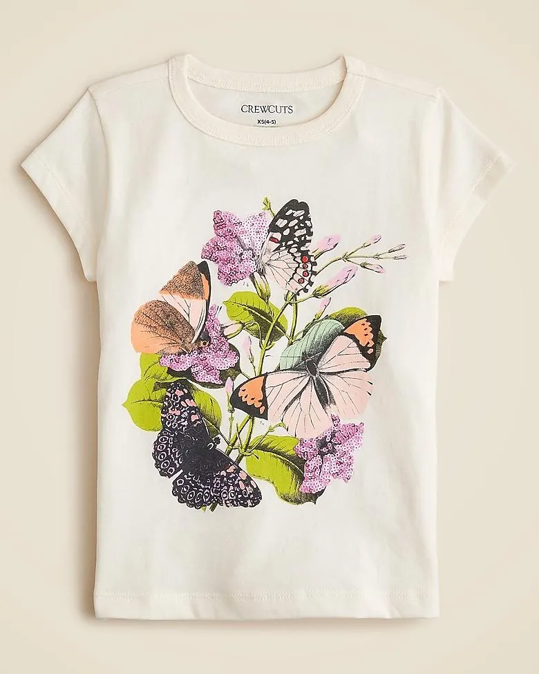 Girls' short-sleeve botanical graphic T-shirt with sequins