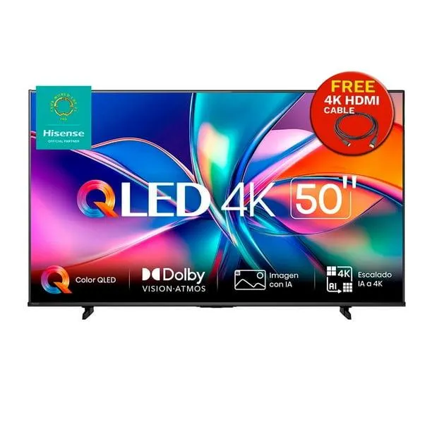 Hisense Pantalla QLED 4K de 50" 50QD6QV Vidaa U Compatible con Alexa ,Dolby Vision Atmos, Escalado IA a 4K, HDMI, LAN, WiFi. Control de voz. Bluetooth. (2025) FREE HDMI CABLE 4K