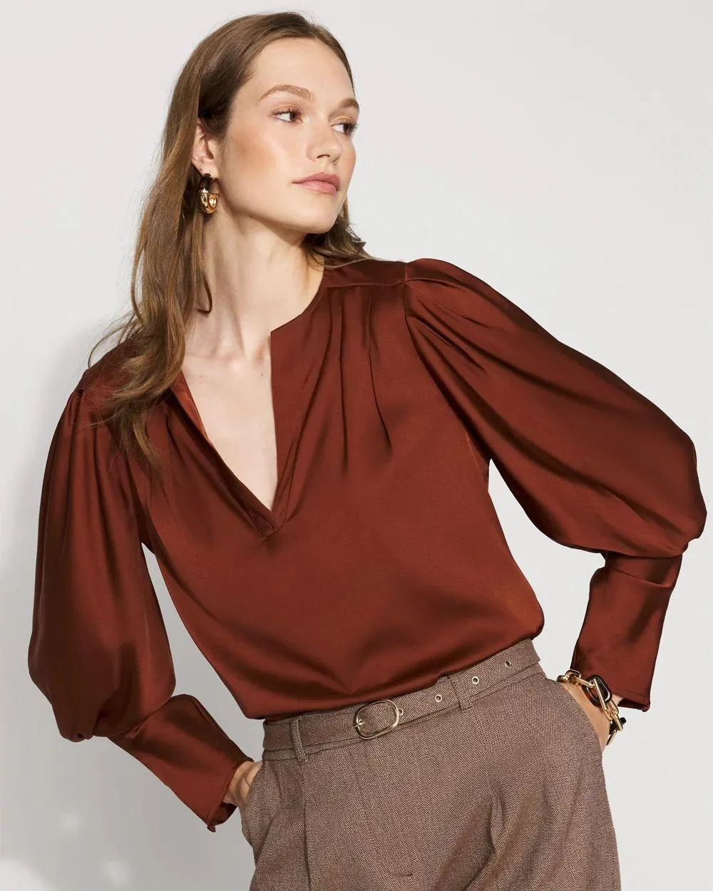 Pleated Sleeve Satin Blouse