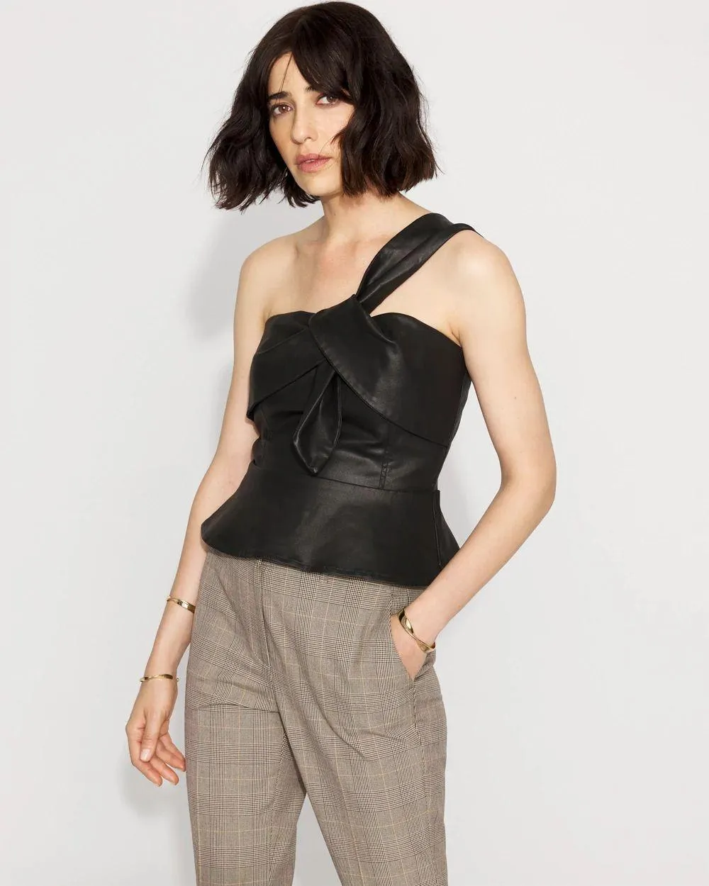 One-Shoulder Faux Leather Peplum Top