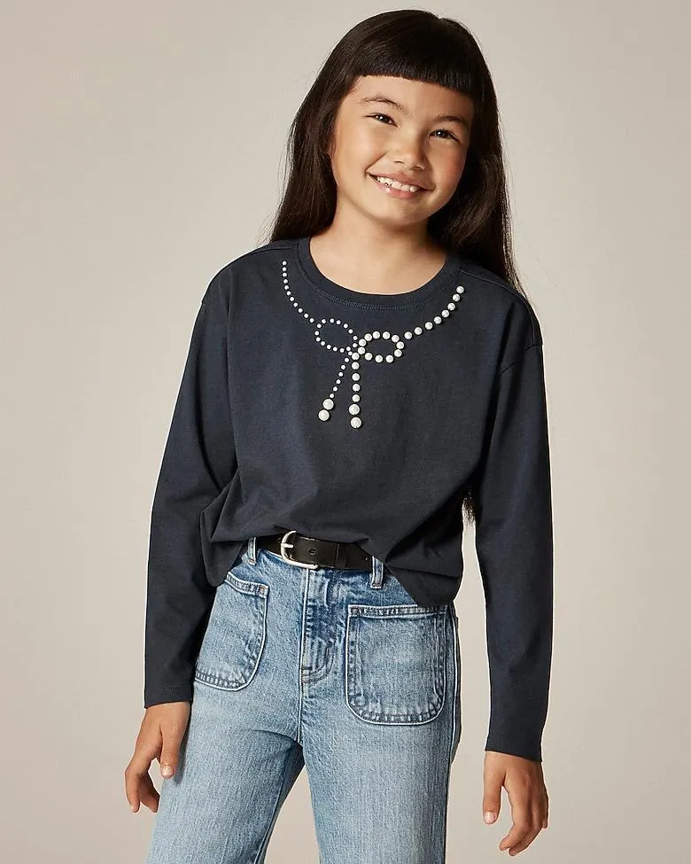 Girls' long-sleeve embellished bow T-shirt with pearls