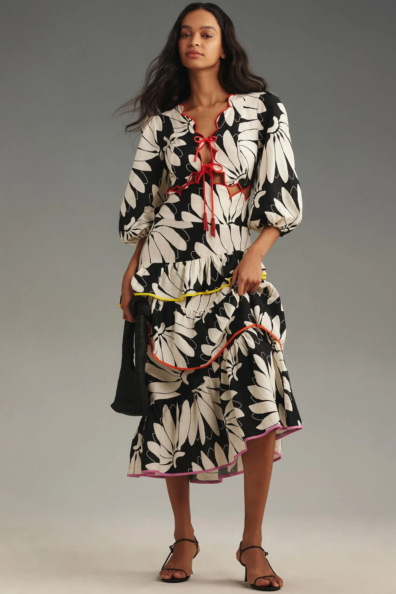 Farm Rio x Anthropologie Cutout Tiered Linen Maxi Dress