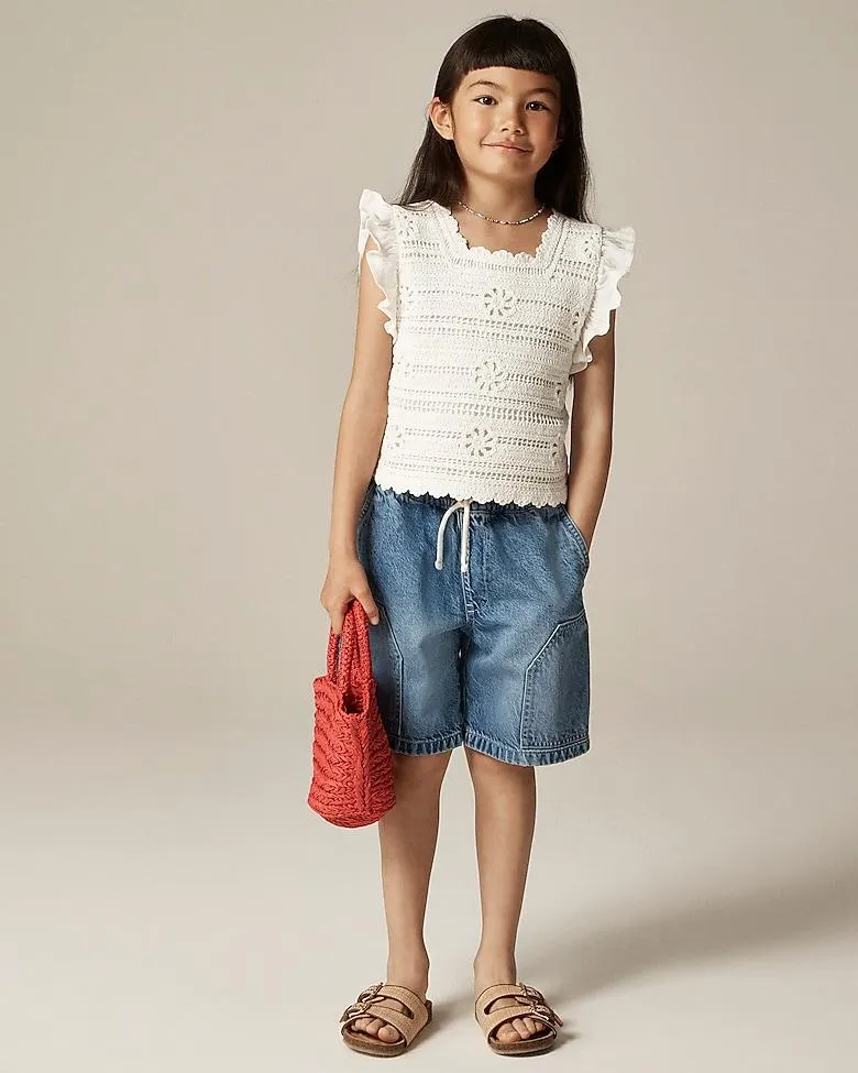 Girls' crochet ruffle-sleeve T-shirt in jersey