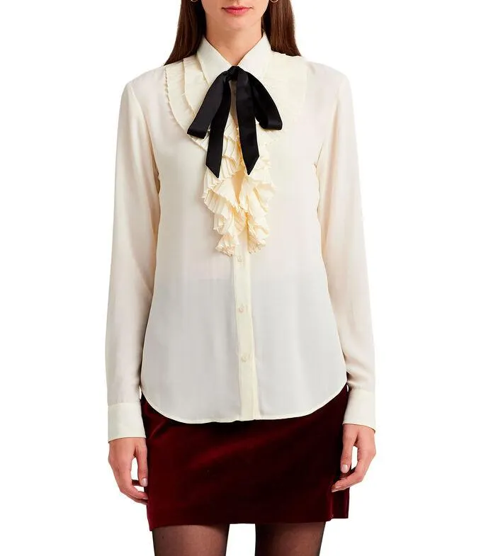 Camisa de georgette con ribete de volantes y cuello anudado Mujer