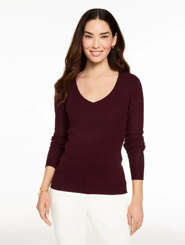 Pointelle Stitch V-Neck Sweater