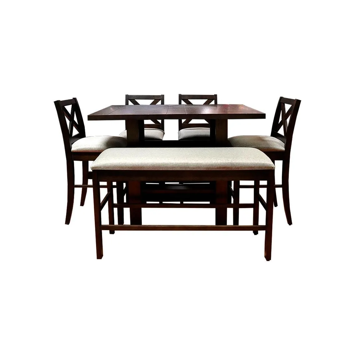 Comedor Merida alto de 4 bancos y banca nogal