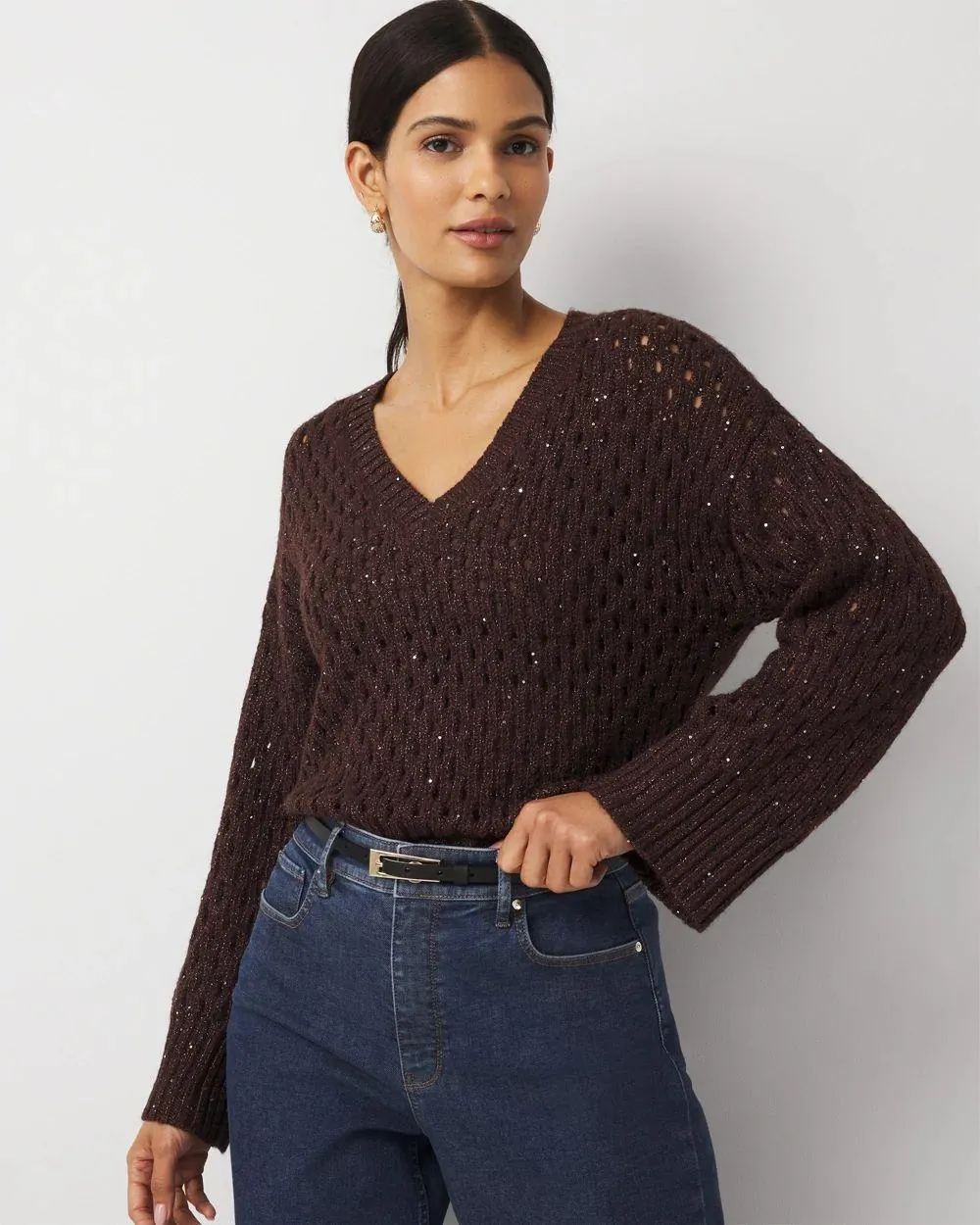 V-Neck Open Stitch Sequin Sweater
