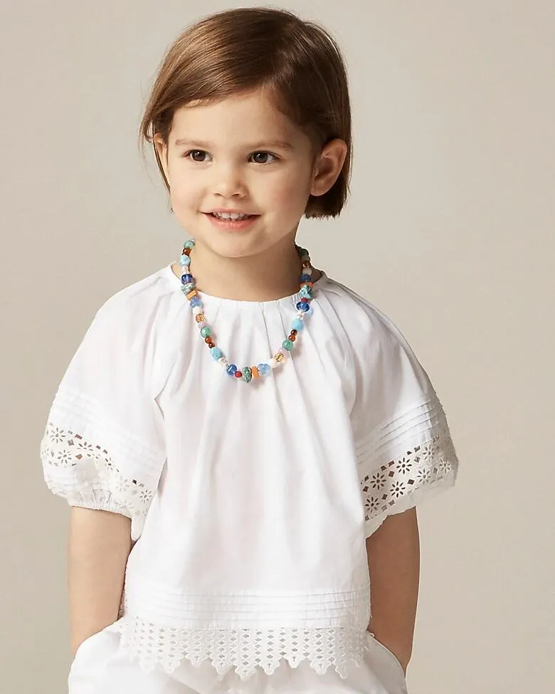 Girls' crochet-trim puff-sleeve top in cotton poplin
