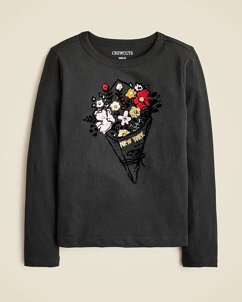 Girls' long-sleeve flower bouquet graphic T-shirt with velvet