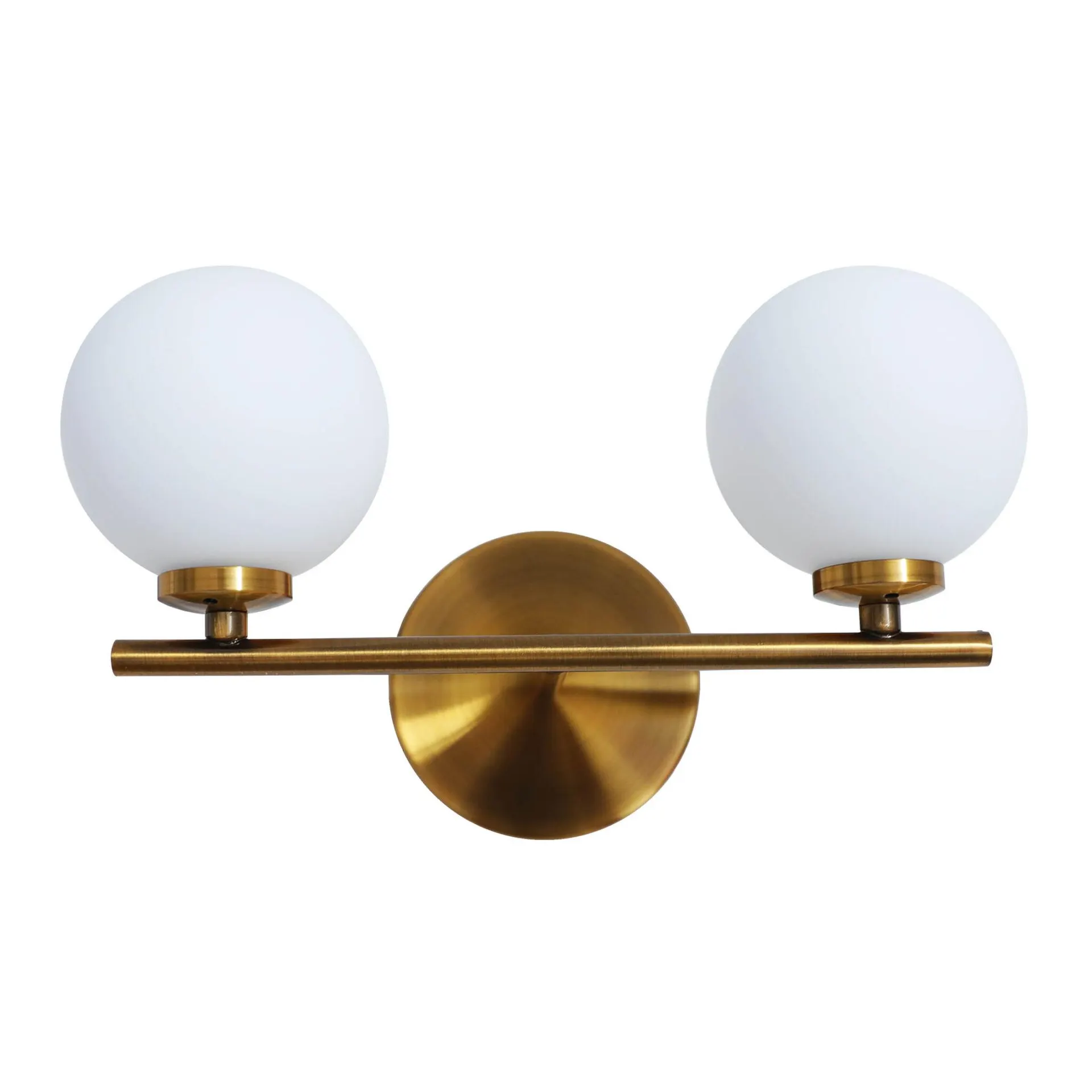 Lámpara de pared de esferas de metal y cristal opalino en acabado oro antiguo.