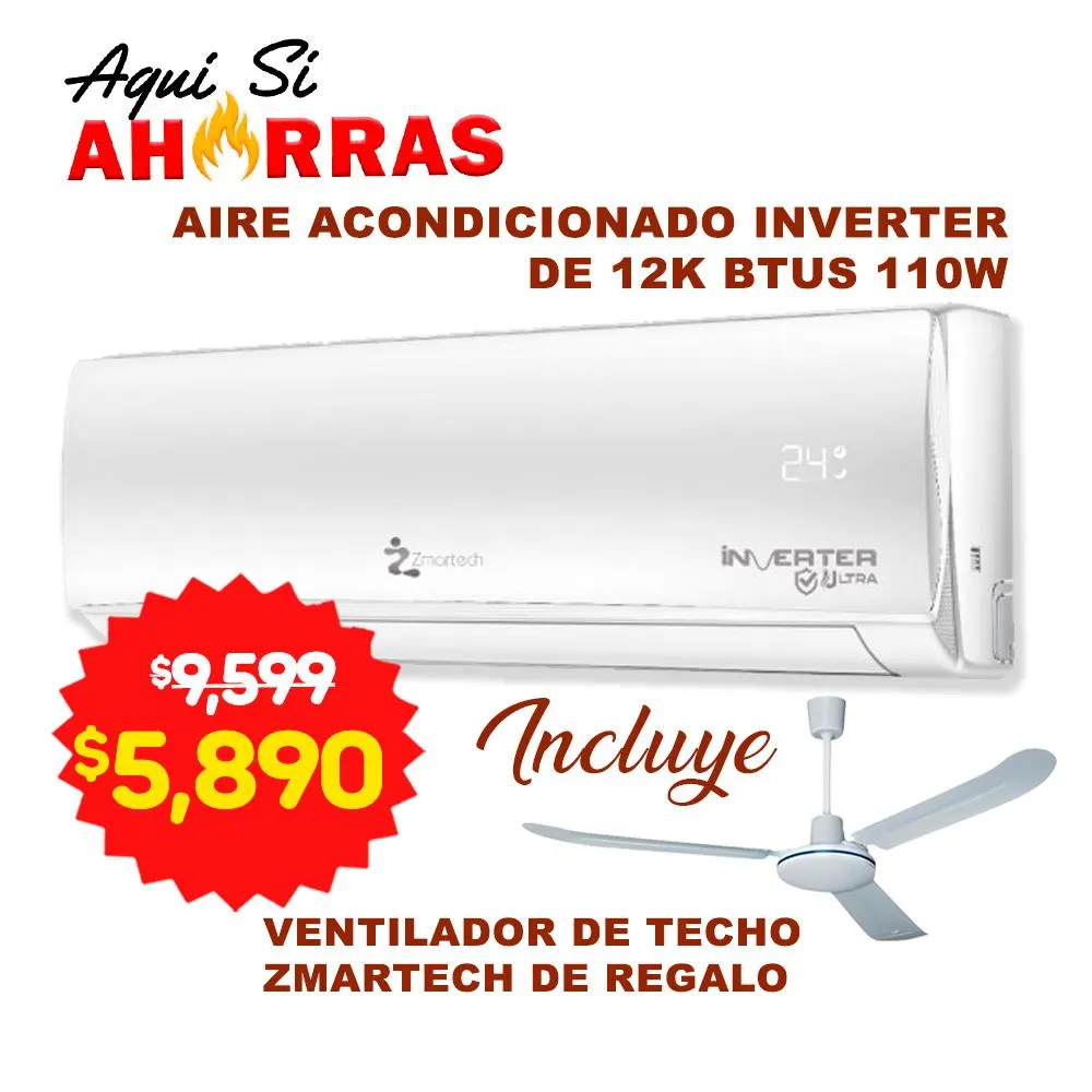 Combo Ahorro Mini Split Inverter Zmartech 110V + Ventilador de techo