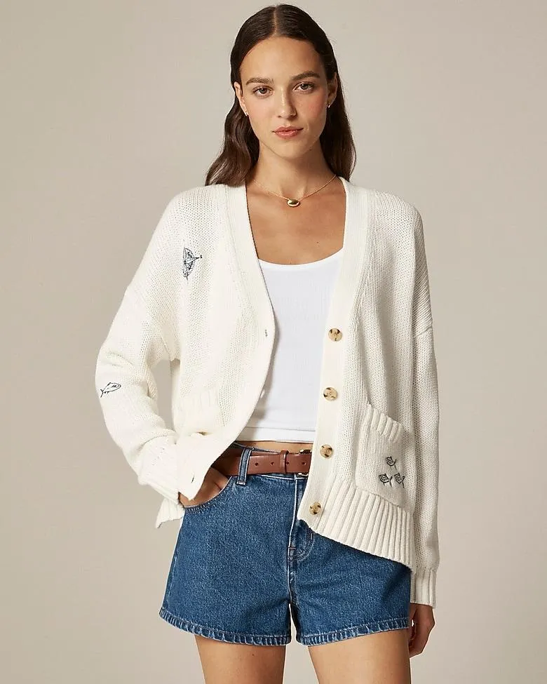 Heritage cotton relaxed cardigan with nautical embroidery