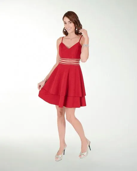 VESTIDO CASUAL LISO CON TRANPARENCIA DOBLE FALDA