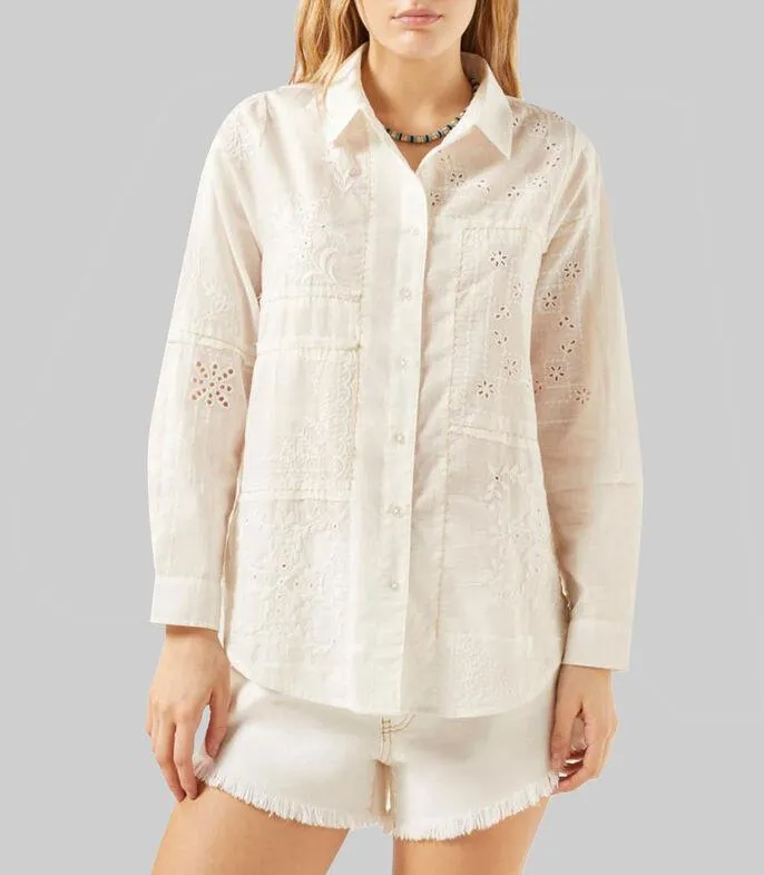 Camisa con bordado manga larga Mujer