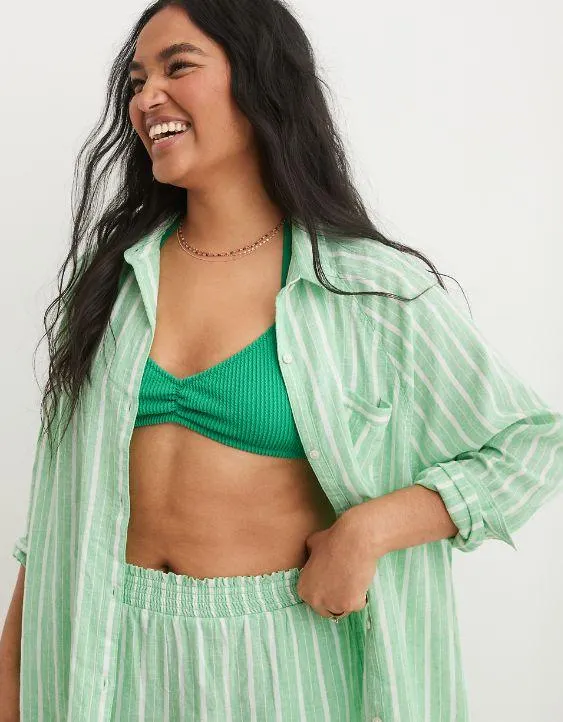 Aerie Pool-To-Party Camisa estilo Cover Up con Mezcla de Lino
