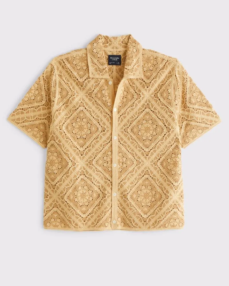 Crochet-Style Floral Tile Pattern Button-Through Sweater Polo