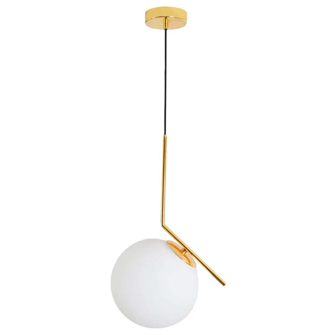 Lámpara colgante de esfera de metal con cristal opalino en acabado oro y negro con cable de 3m