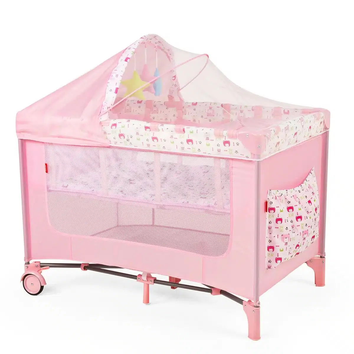 Cuna Corral D´bebé con toldo mosquitero con juguetes suaves Rest Rosa