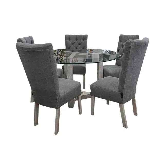 Comedor Holland redondo de 5 sillas color gris y vidrio redondo