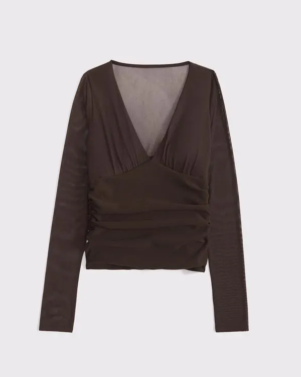 Bra-Free Long-Sleeve Mesh Plunge Top