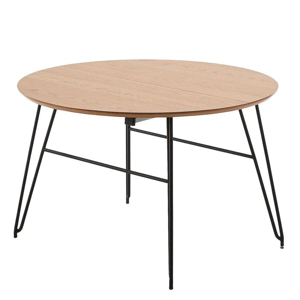 Baven - Mesa de comedor redonda estilo industrial extensible cubierta madera de encino