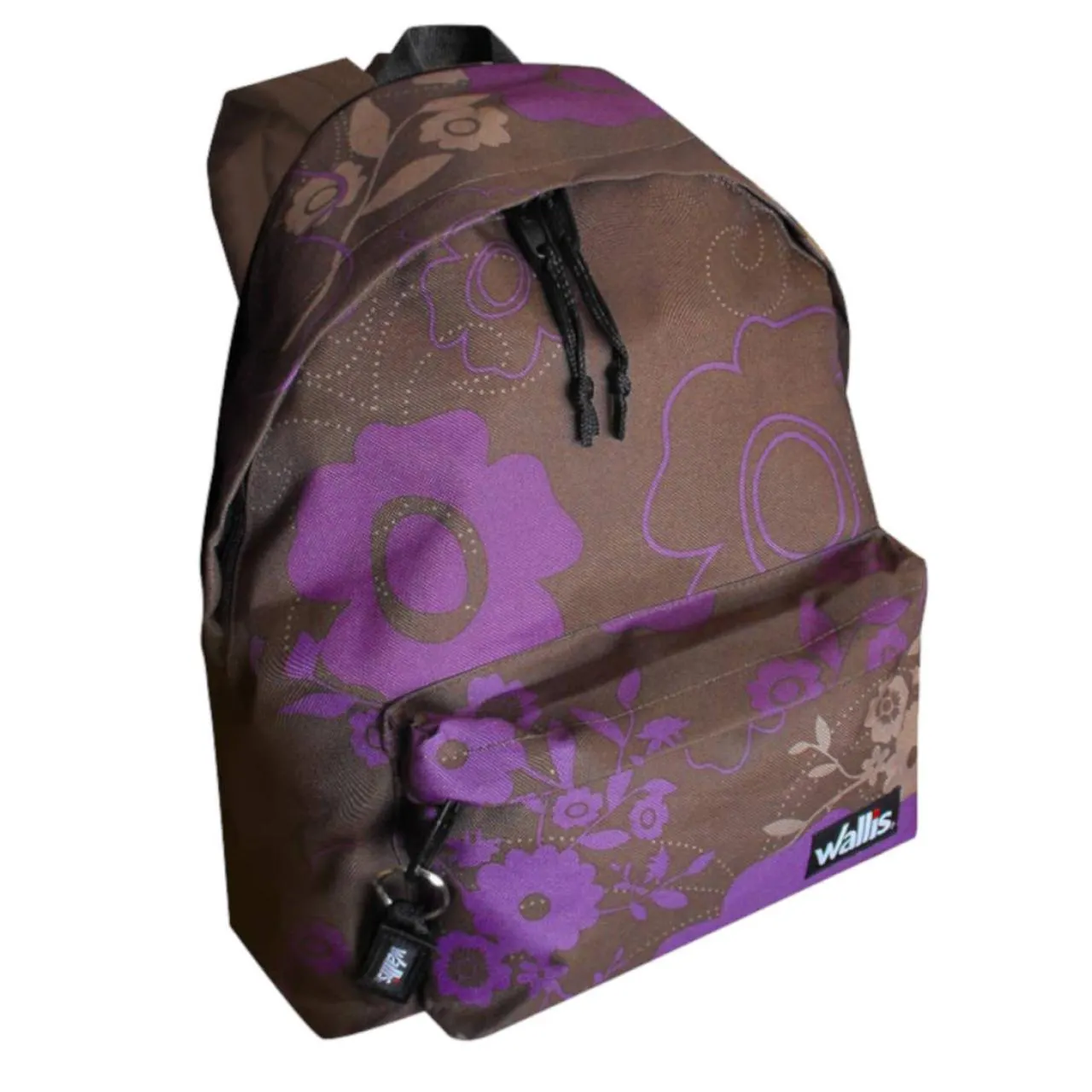 Mochila semi-impermeable con respaldo acolchonado, estampado café con flores lila