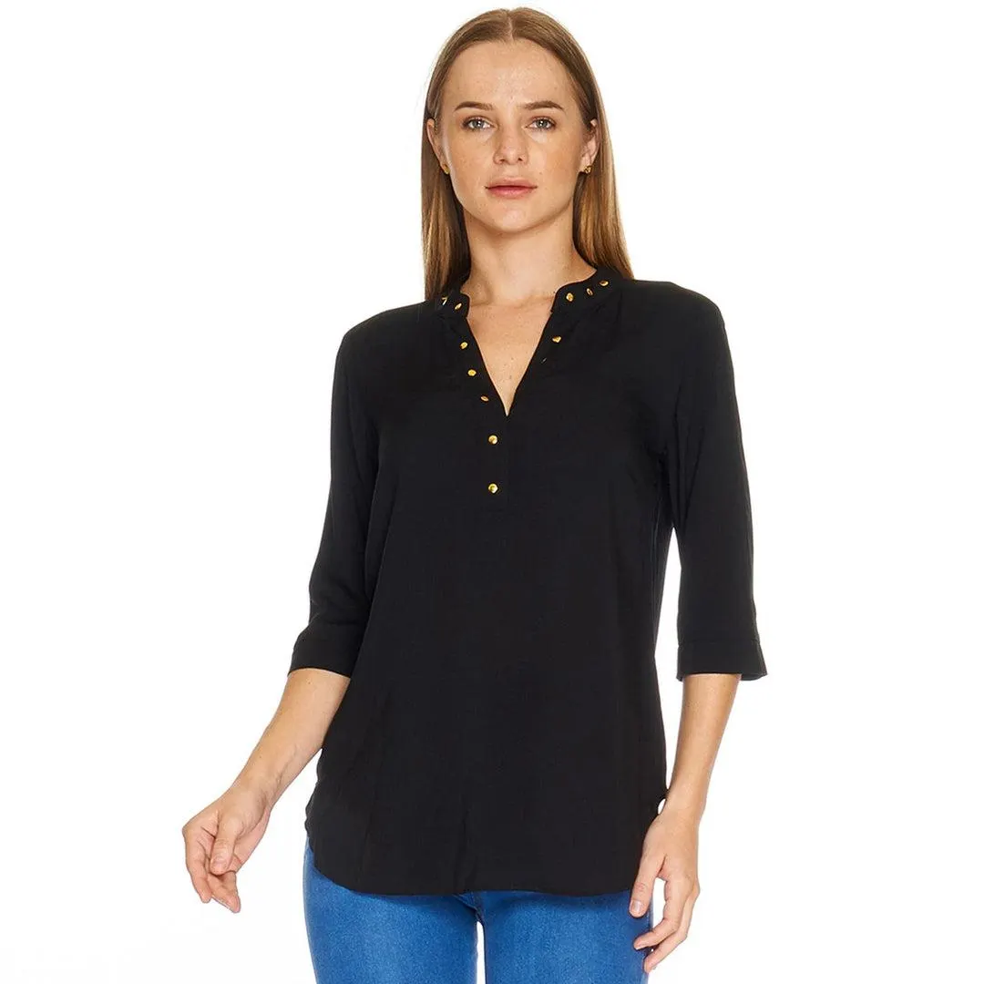 Blusa Para Mujer Cuello Mao Manga ¾ Con Detalle Estoperoles