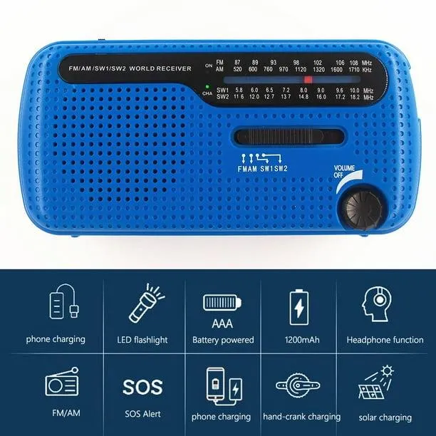 Radio solar con manivela Radio AM/FM con linterna LED para exteriores (azul)