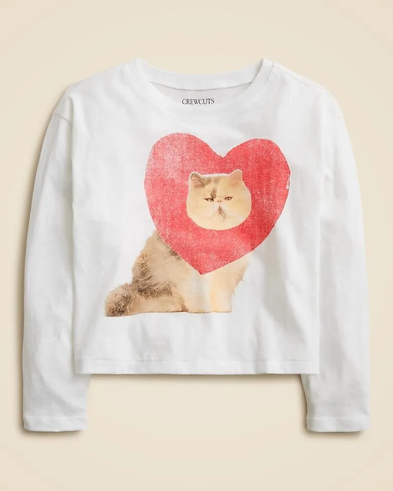 Girls' long-sleeve heart cat graphic T-shirt