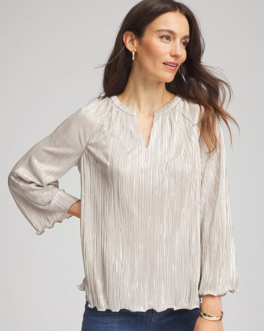 Foiled Pleated V-Neck Tee