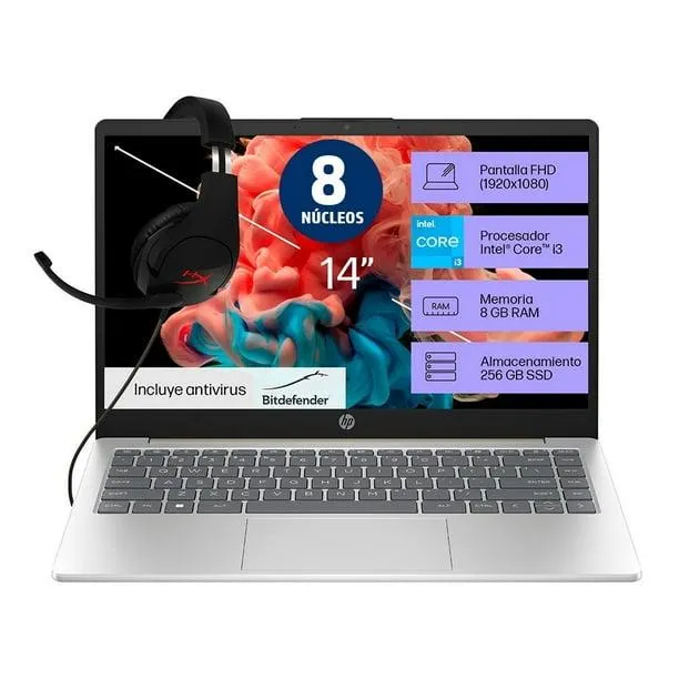 Laptop HP 14-ep0000 Intel Core i3 8GB RAM 256GBSSD más Audífonos Hyperx y Antivirus