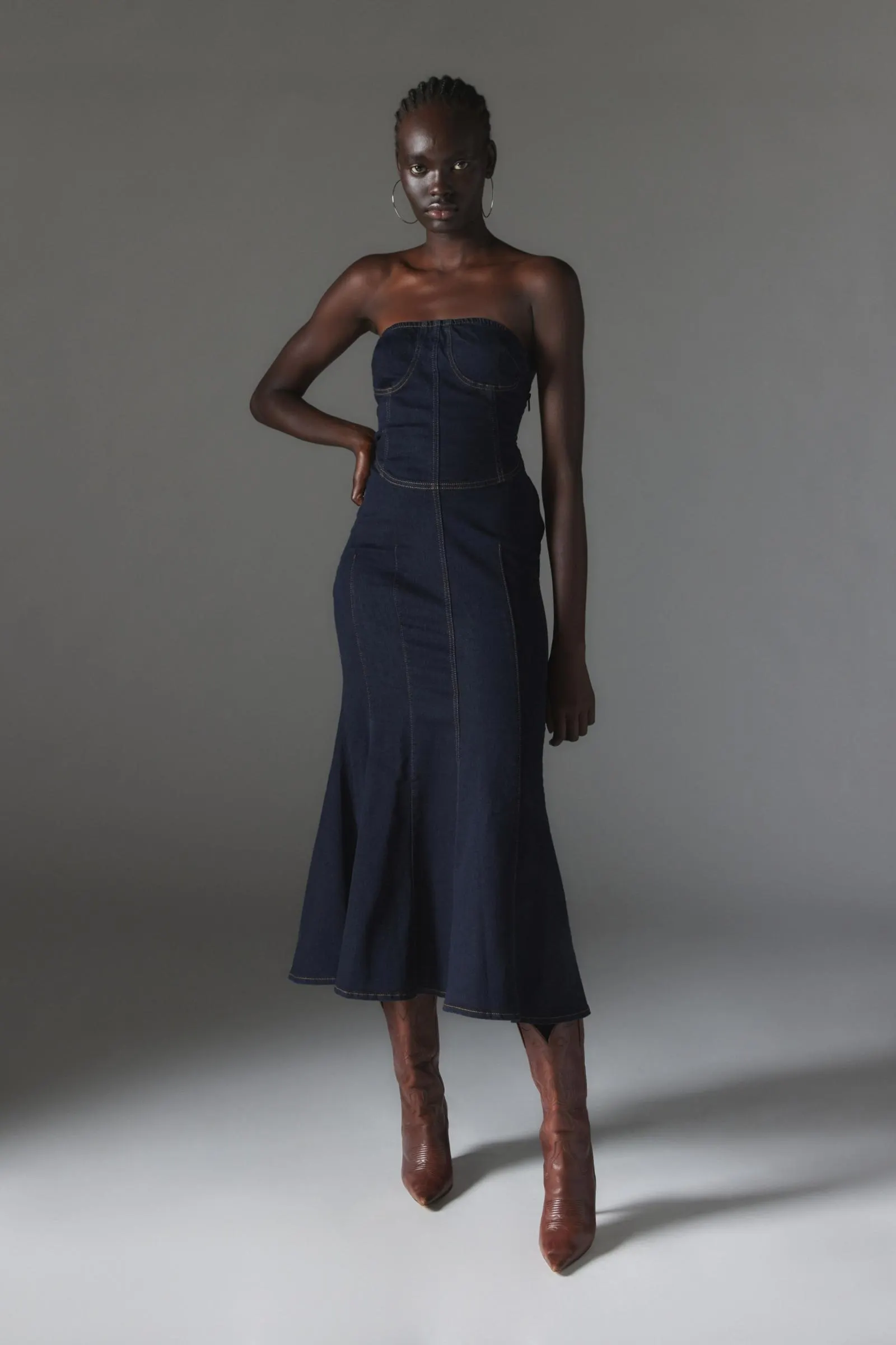 Silence + Noise Trinity Denim Strapless Midi Dress