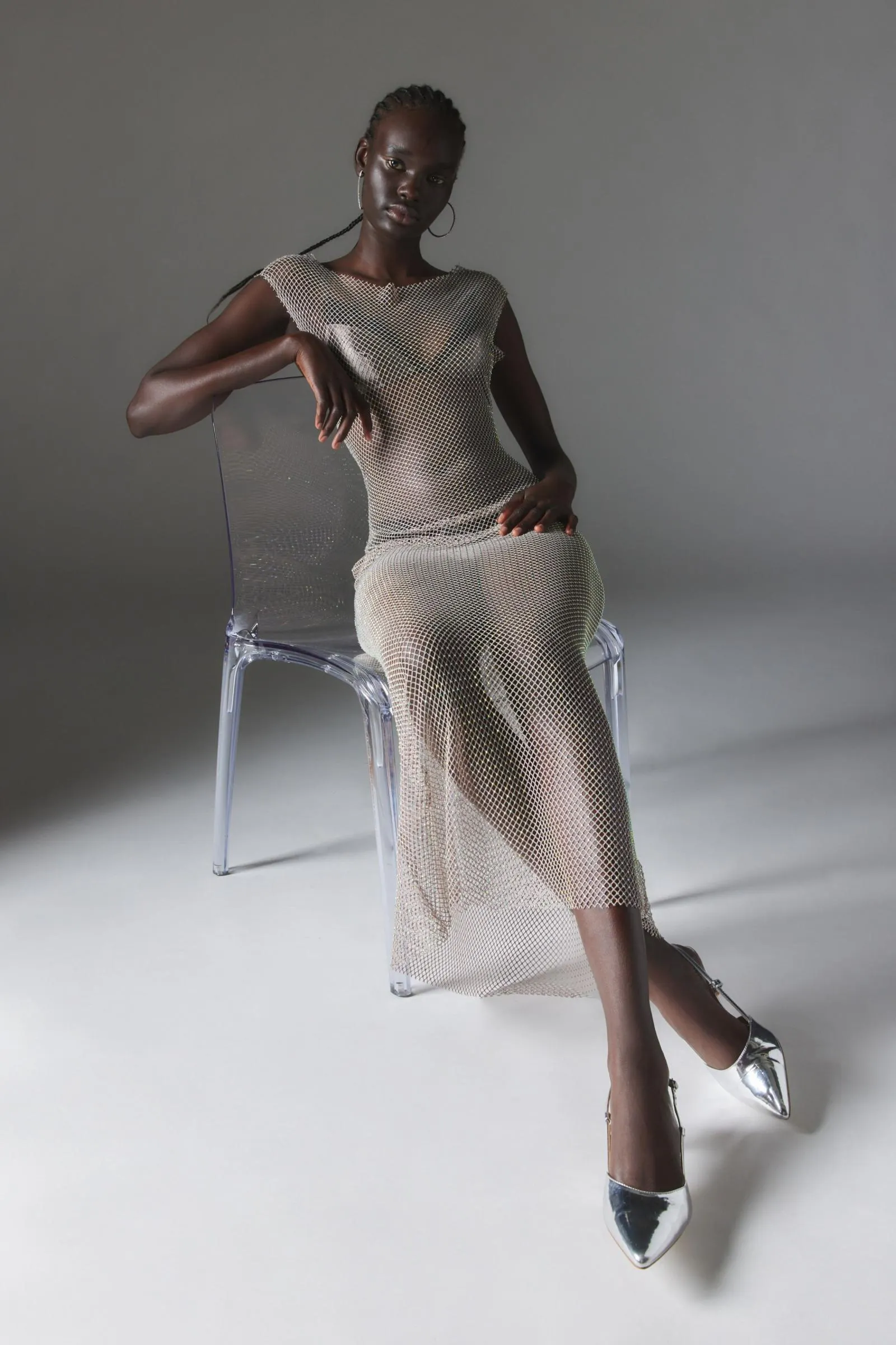 Silence + Noise Stephanie Sheer Fishnet Midi Dress