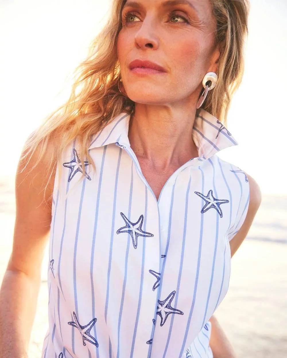 No Iron ™ Starfish Striped Sleeveless Sateen Shirt