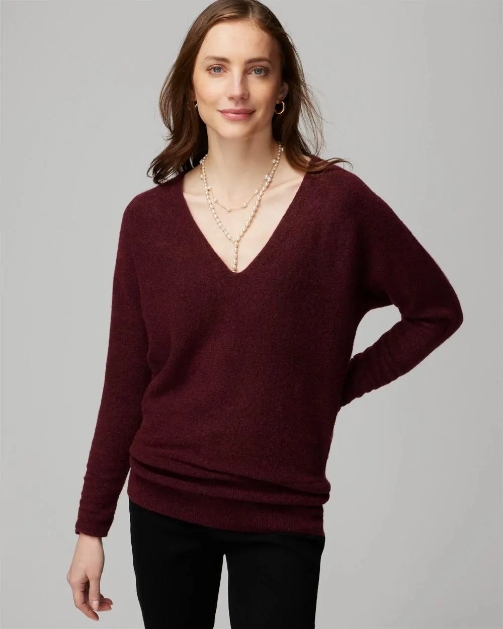 V-Neck Shirred Sleeve Tunic Pullover Sweater