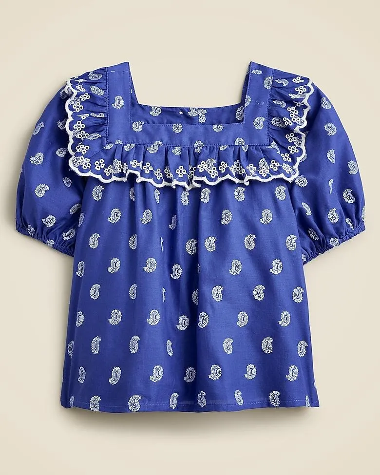 Girls' ruffle eyelet top in paisley voile