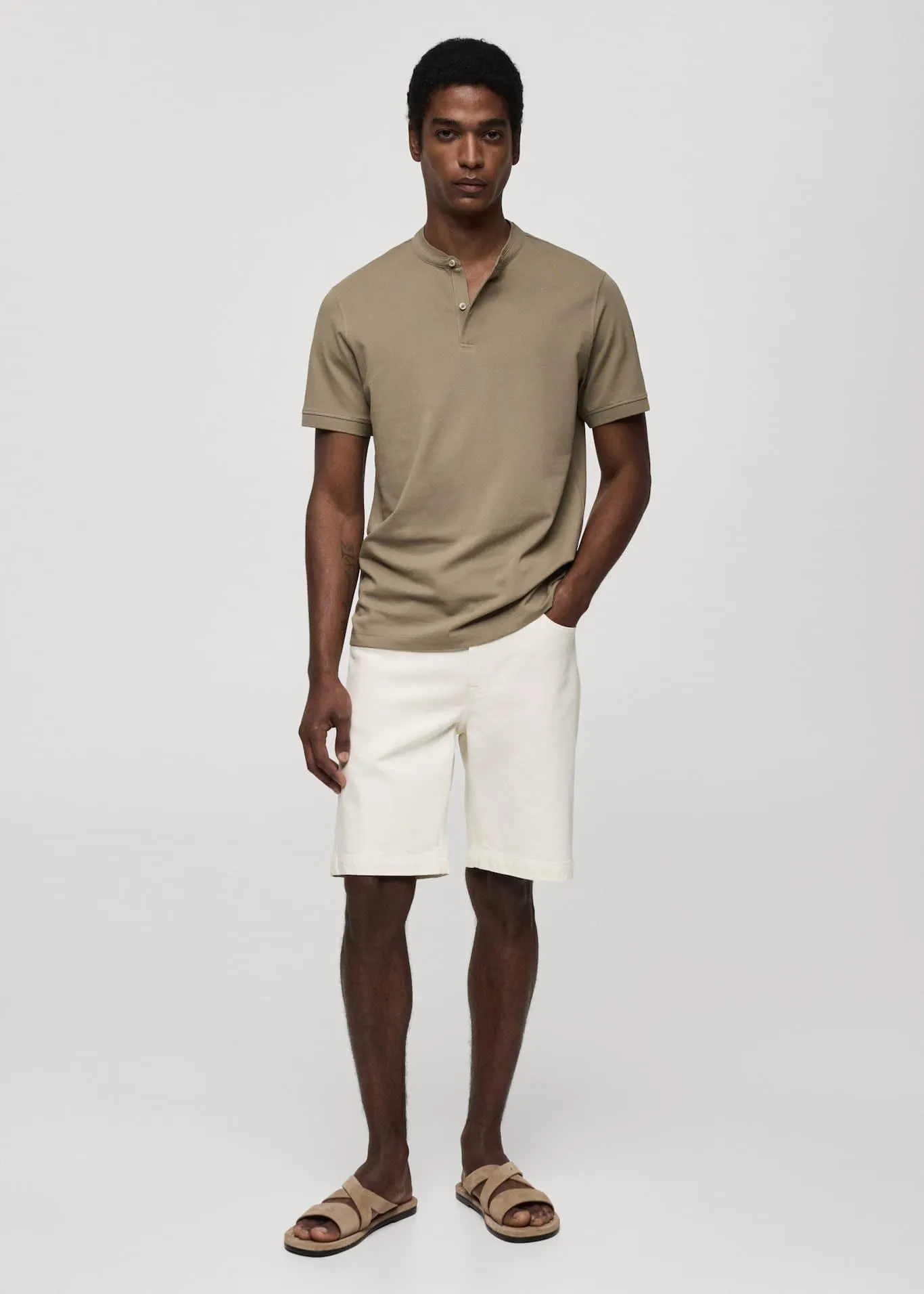 Cotton pique polo shirt with mao collar